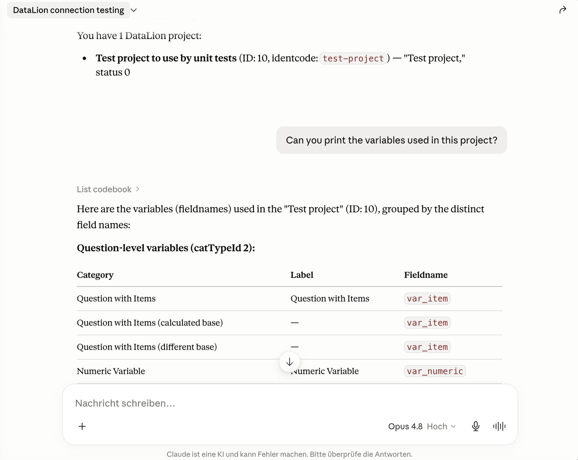 DataLion zeigt Variablen mit Wertelabels aus dem Codebook statt nackter Excel-Spalten wie Q7_3