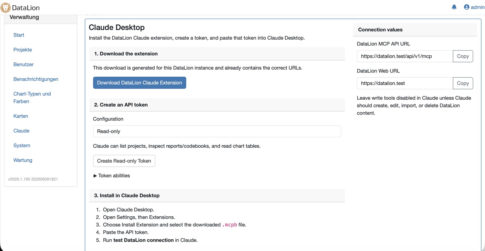 DataLion-Integrationsseite, auf der ein scoped API-Token für die REST-API erzeugt wird