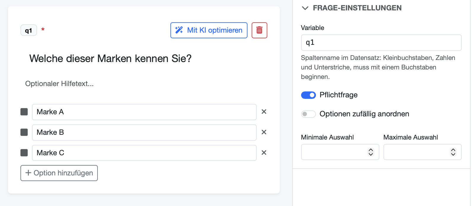 DataLion-Fragebogeneditor mit einer Matrixfrage und Antwortskala