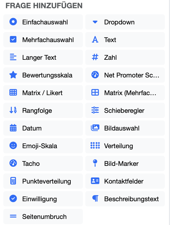 DataLion-Fragetypen, die beim Veröffentlichen automatisch in SPSS-konforme Variablen überführt werden