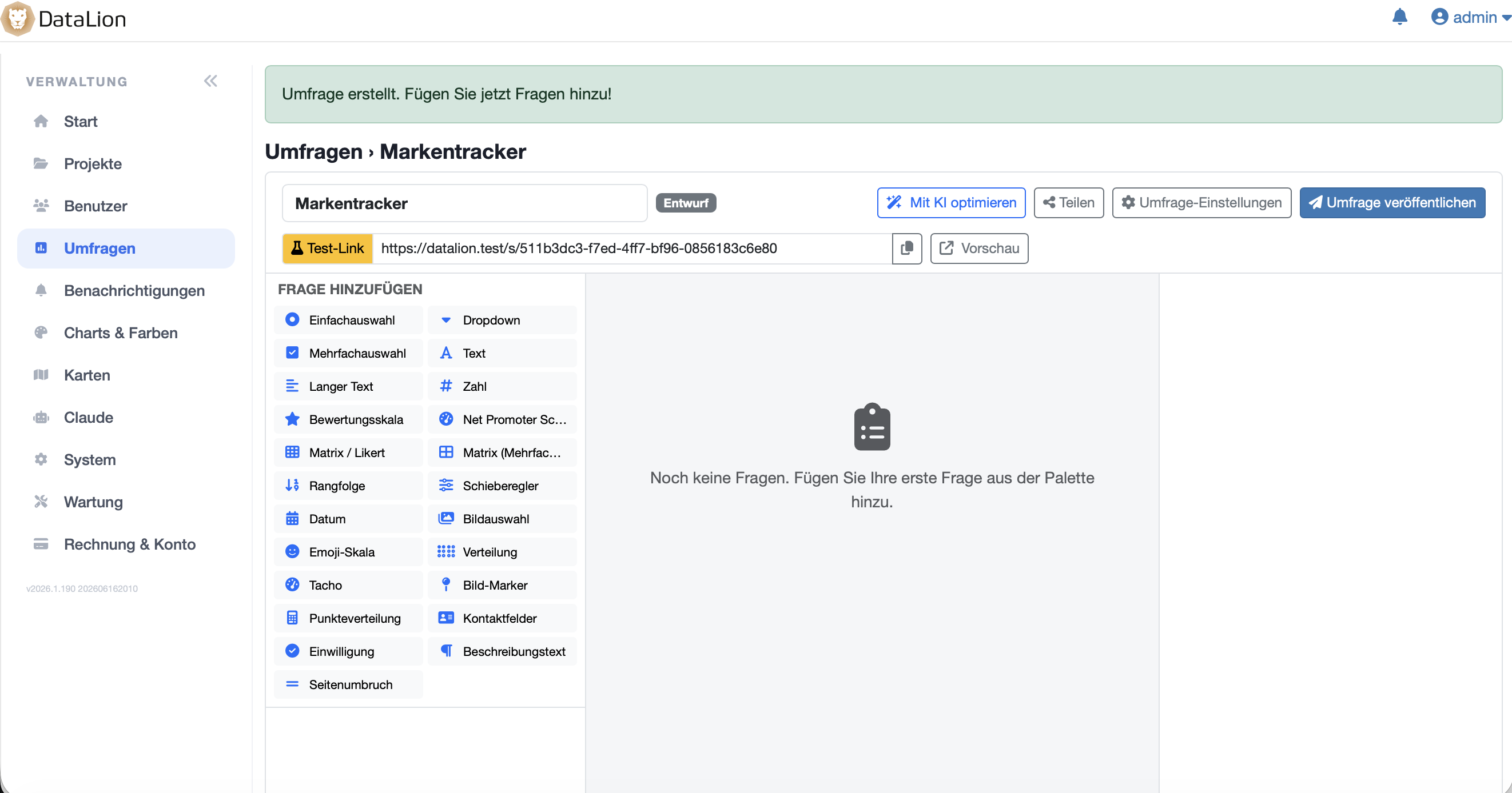 DataLion-Umfrage-Editor mit der Schaltfläche „Umfrage veröffentlichen“