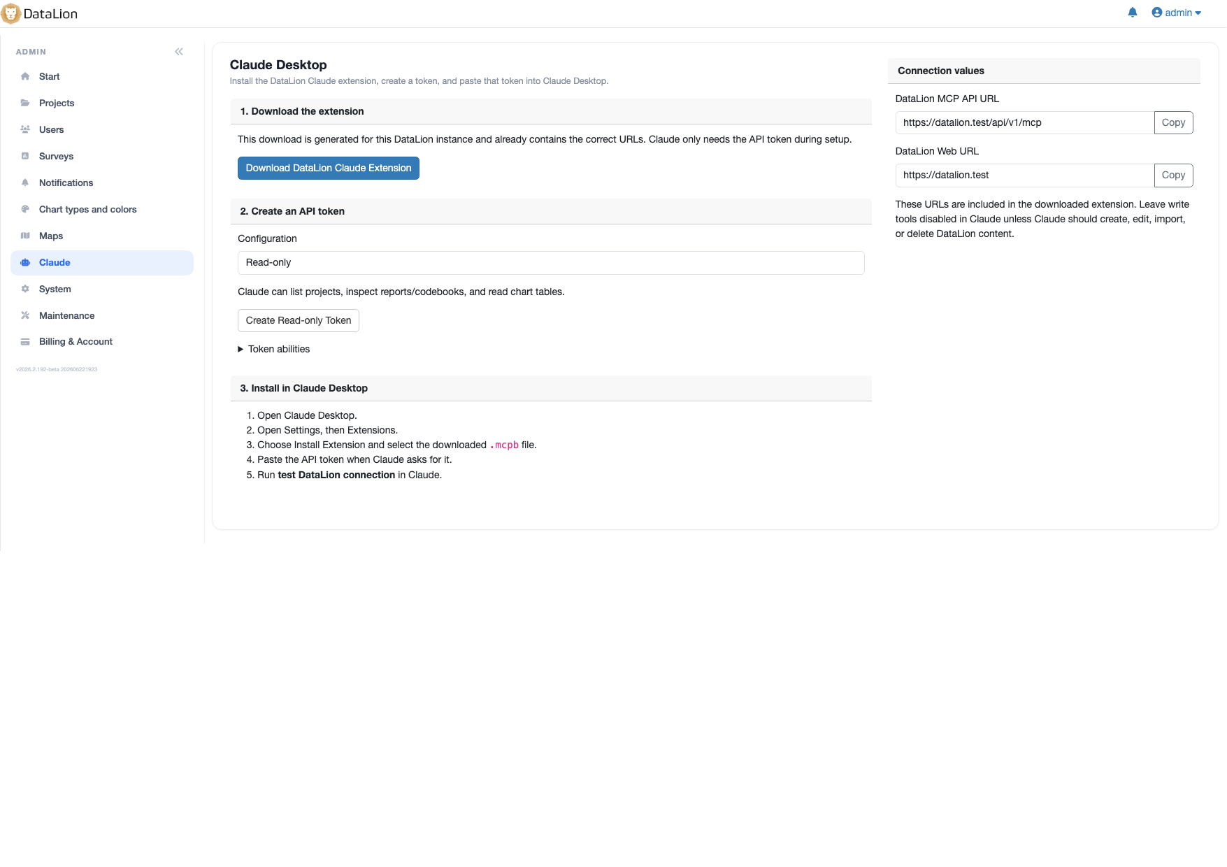 DataLion-Adminseite „Claude Desktop": Erweiterung herunterladen, schreibgeschützten API-Token erstellen, MCP-API-URL kopieren