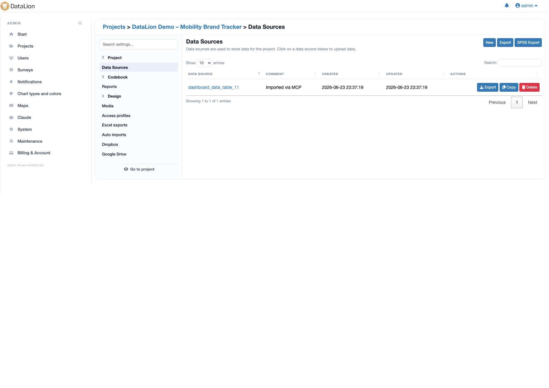 DataLion-Datenquellen-Verwaltung mit importierter Quelle, Export- und SPSS-Export-Optionen sowie Auto-Imports