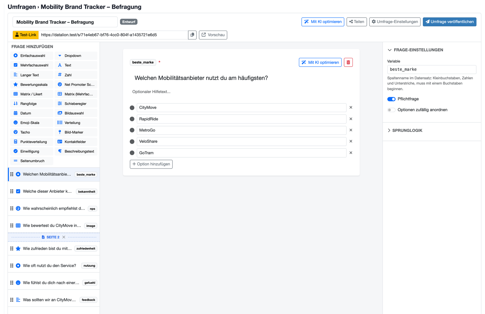 Bearbeitung einer Frage in DataLion mit Variablencode, Pflichtfeld und Zufallsanordnung der Optionen