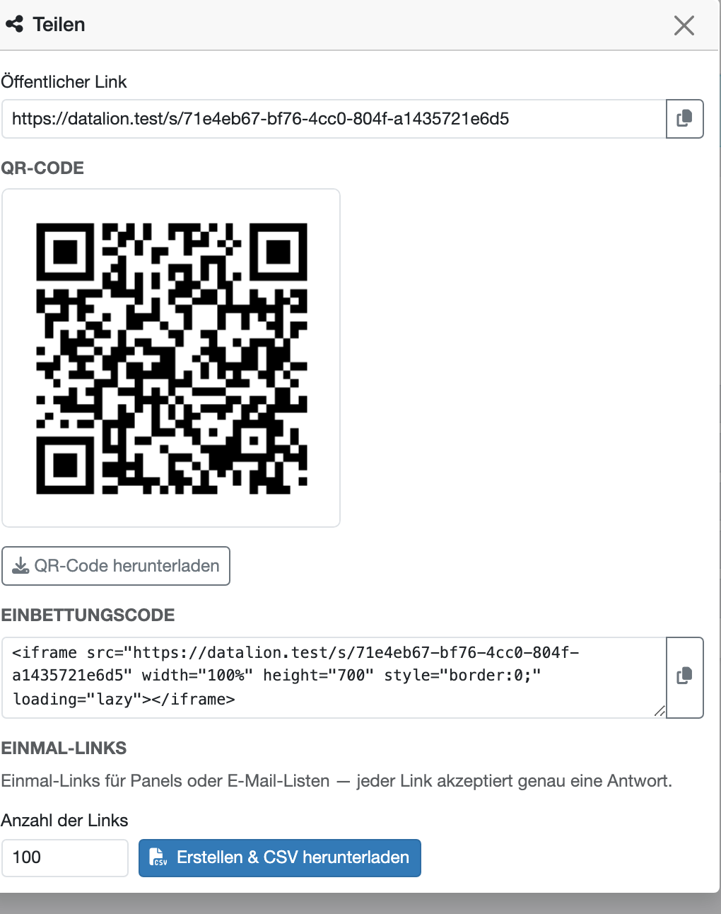 DataLion-Teilen-Dialog der veröffentlichten Umfrage mit öffentlichem Link, QR-Code, iframe-Einbettungscode und einmaligen Einladungslinks als CSV